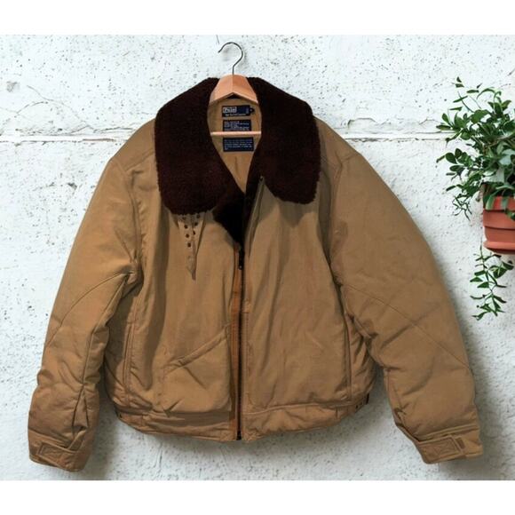 Polo Ralph Lauren B-15 Shearling Collar Down Bomber Flight Jacket Khaki XL VTG - Picture 5 of 10